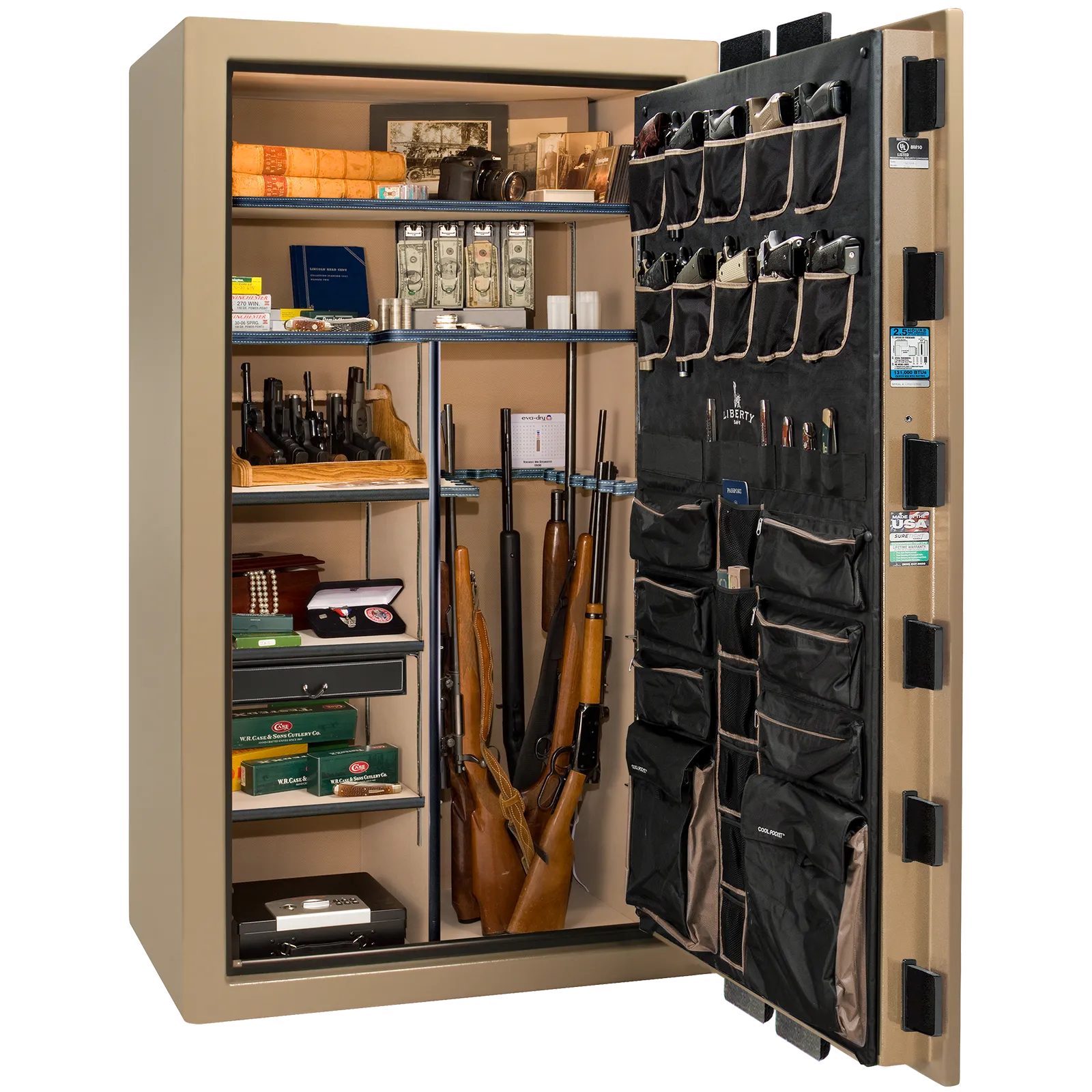 Premium interior of the Liberty Magnum 50 gun safe paired with the Champagne marble finish, featuring adjustable shelving, door organizer, long gun storage, and deluxe interior configuration.
