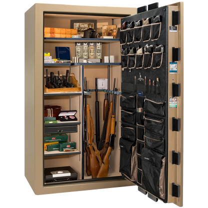 Premium interior of the Liberty Magnum 50 gun safe paired with the Champagne marble finish, featuring adjustable shelving, door organizer, long gun storage, and deluxe interior configuration.