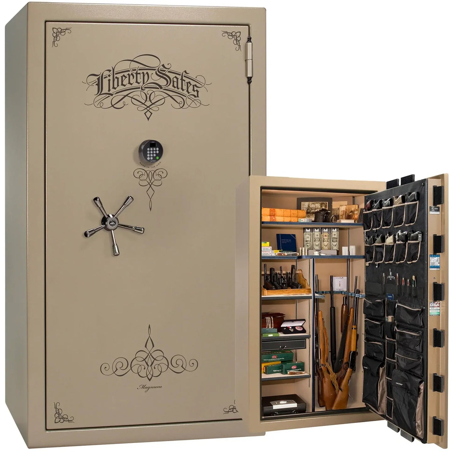 Liberty Magnum 50 gun safe in Champagne marble finish with black chrome hardware and premium interior.