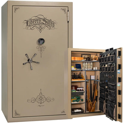 Liberty Magnum 50 gun safe in Champagne marble finish with black chrome hardware and premium interior.