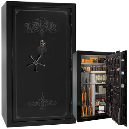 Liberty Magnum 50 gun safe in Black Mirror gloss finish with black chrome hardware and premium interior.