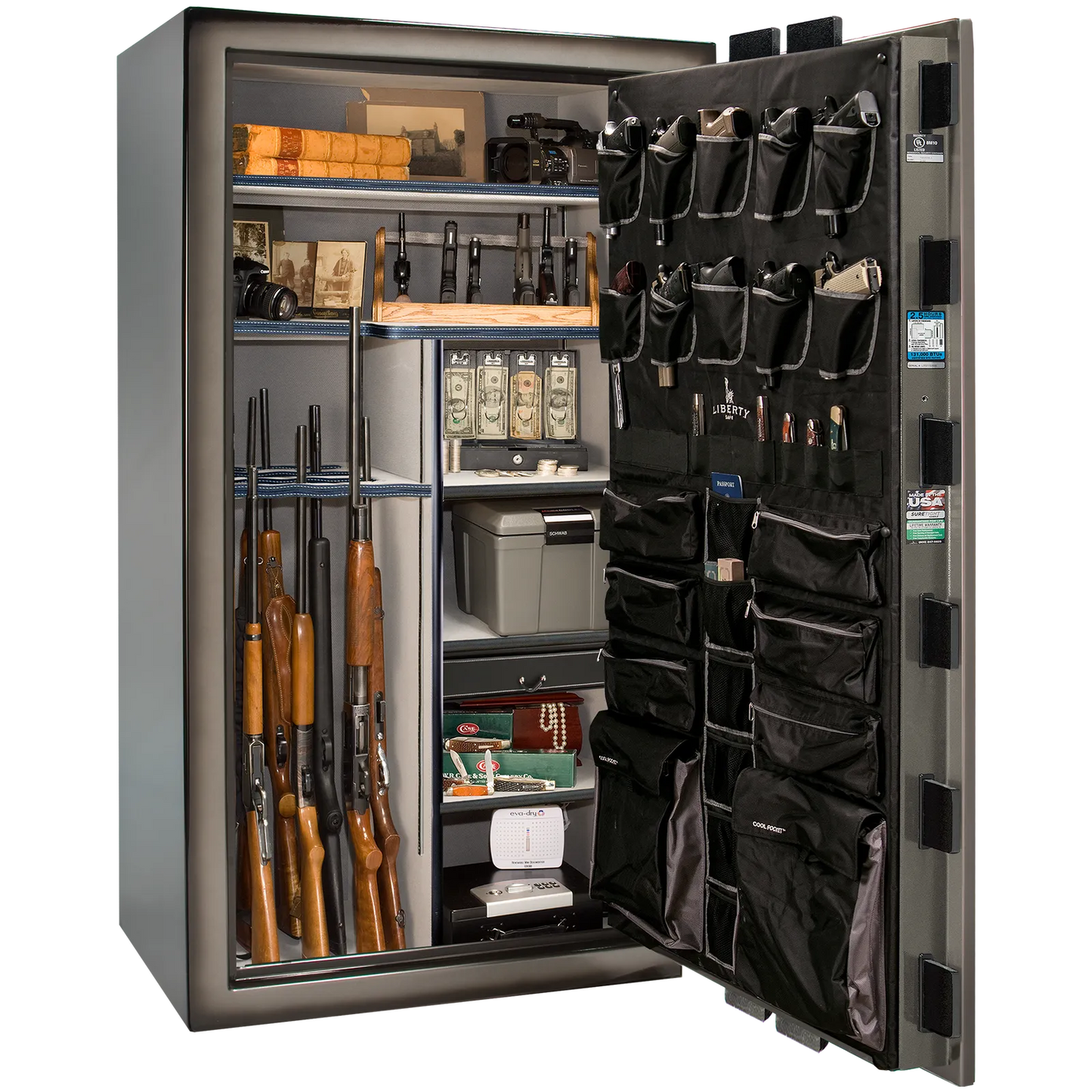Premium interior of the Liberty Magnum 50 gun safe paired with the Gray Charcoal feathered edge finish, featuring adjustable shelving, door organizer, long gun storage, and deluxe interior configuration.