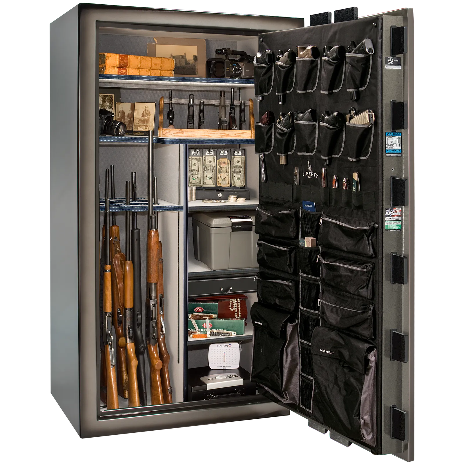 Premium interior of the Liberty Magnum 50 gun safe paired with the Gray Charcoal feathered edge finish, featuring adjustable shelving, door organizer, long gun storage, and deluxe interior configuration.