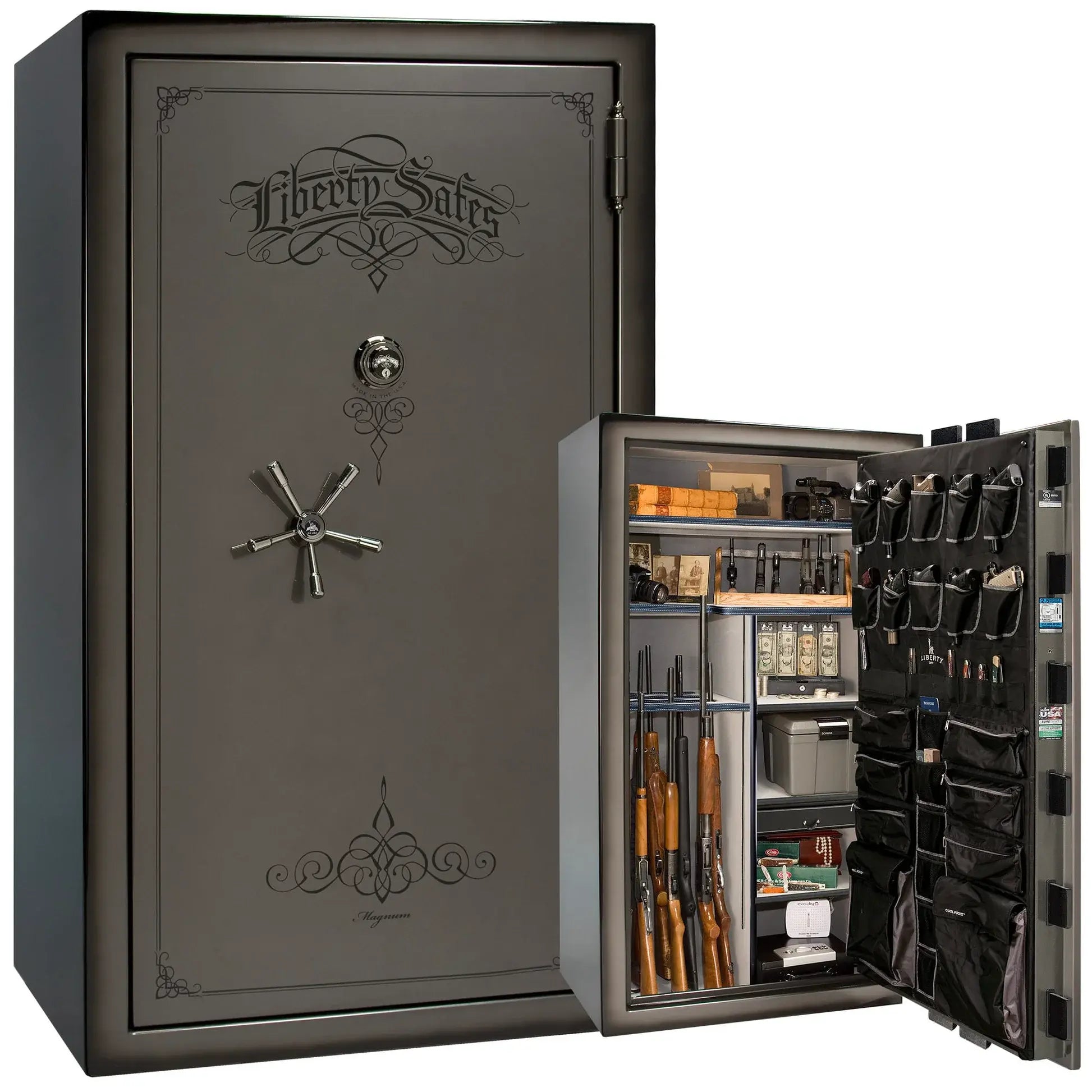 Liberty Magnum 50 gun safe in Gray Charcoal feathered edge finish with black chrome hardware and premium interior.