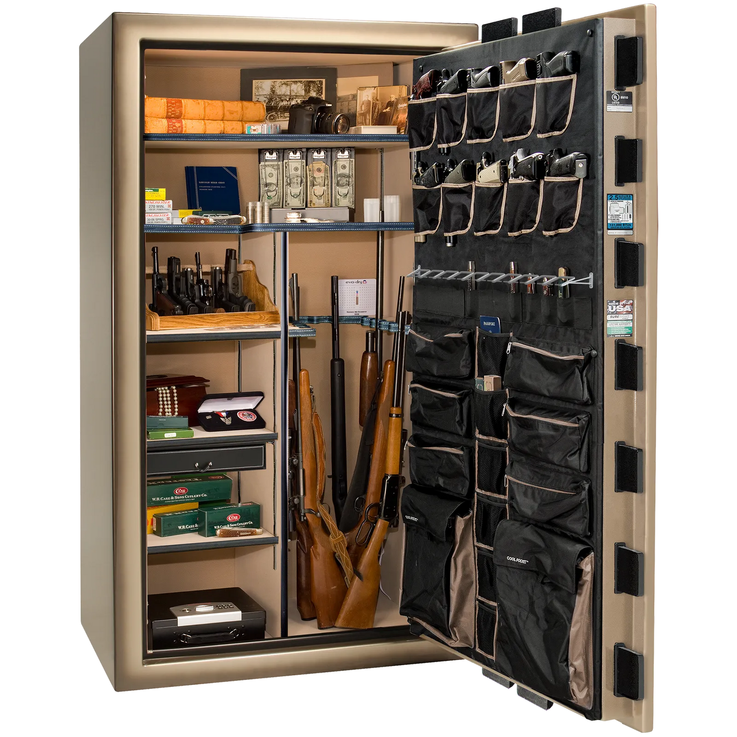 Premium interior of the Liberty Magnum 50 gun safe paired with the Champagne feathered edge finish, featuring adjustable shelving, door organizer, long gun storage, and deluxe interior configuration.