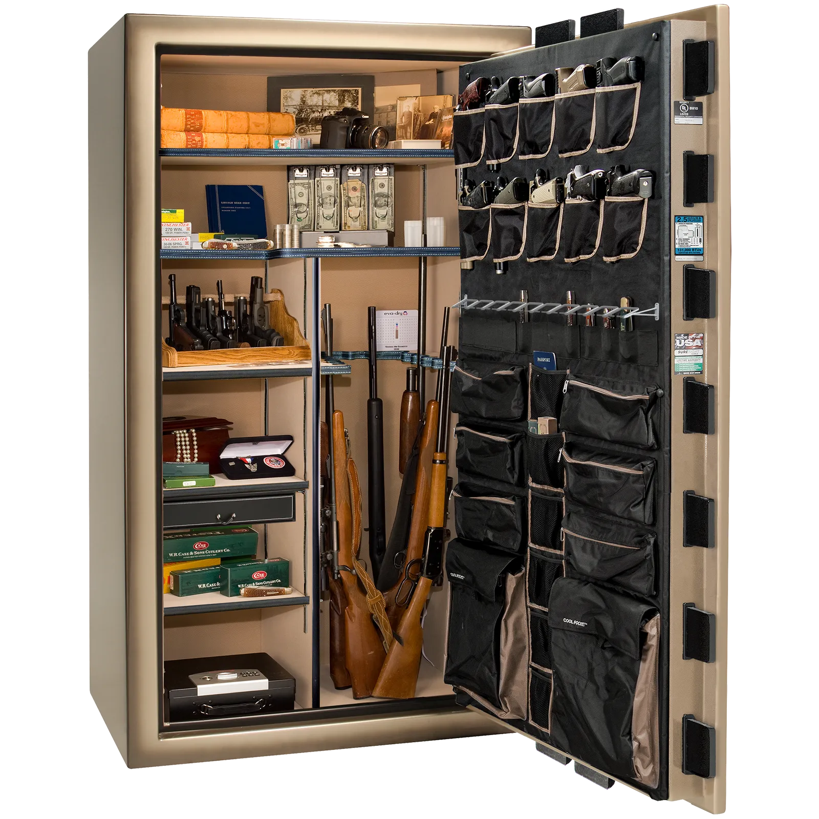 Premium interior of the Liberty Magnum 50 gun safe paired with the Champagne feathered edge finish, featuring adjustable shelving, door organizer, long gun storage, and deluxe interior configuration.