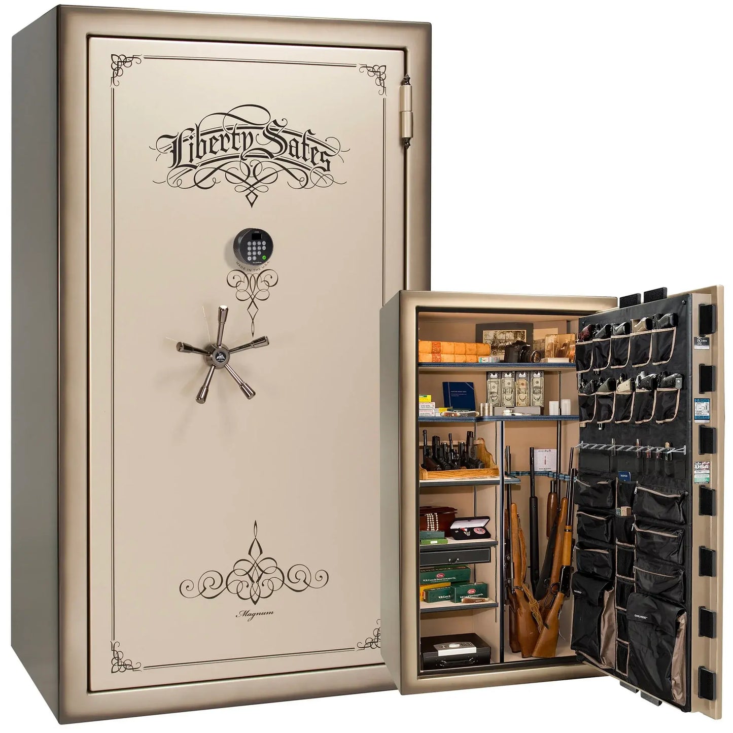 Liberty Magnum 50 gun safe in Champagne feathered edge finish with black chrome hardware and premium interior.
