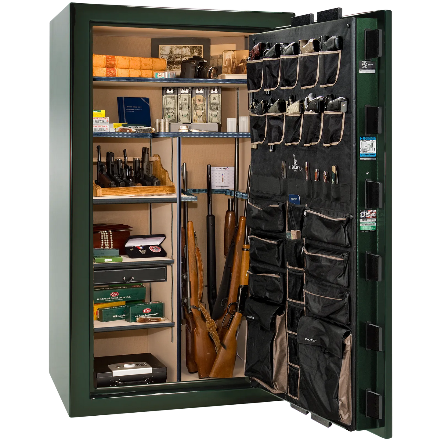 Premium interior of the Liberty Magnum 50 gun safe paired with the Emerald Green feathered edge finish, featuring adjustable shelving, door organizer, long gun storage, and deluxe interior configuration.