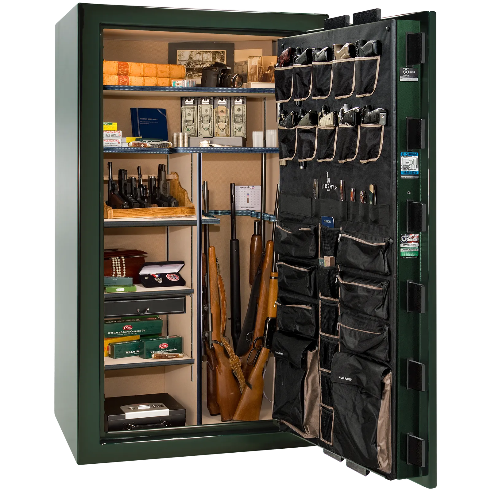 Premium interior of the Liberty Magnum 50 gun safe paired with the Emerald Green feathered edge finish, featuring adjustable shelving, door organizer, long gun storage, and deluxe interior configuration.