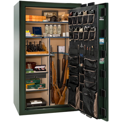 Premium interior of the Liberty Magnum 50 gun safe paired with the Emerald Green feathered edge finish, featuring adjustable shelving, door organizer, long gun storage, and deluxe interior configuration.