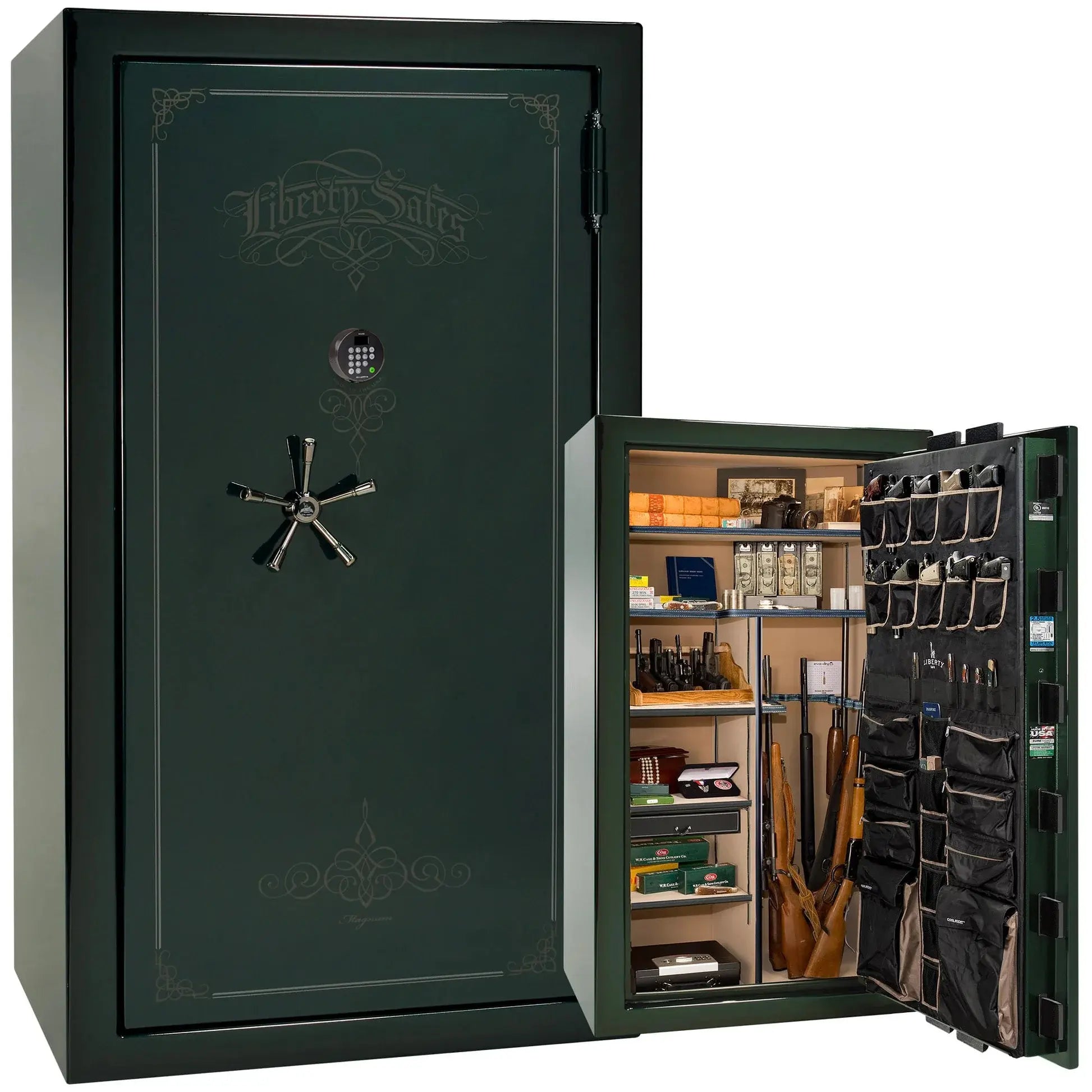 Liberty Magnum 50 gun safe in Emerald Green feathered edge finish with black chrome hardware and premium interior.