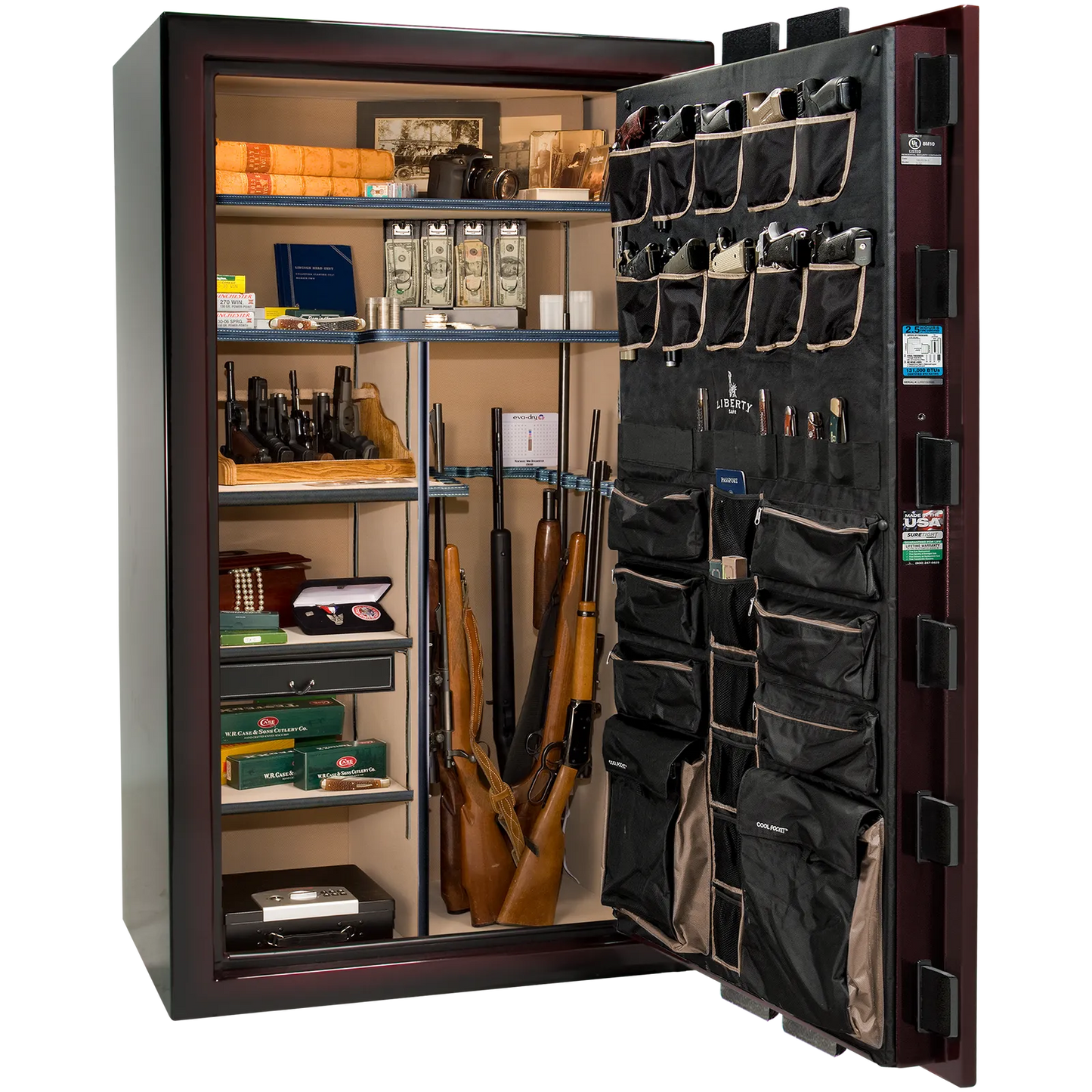 Premium interior of the Liberty Magnum 50 gun safe paired with the Burgundy Metallic feathered edge finish, featuring adjustable shelving, door organizer, long gun storage, and deluxe interior configuration.
