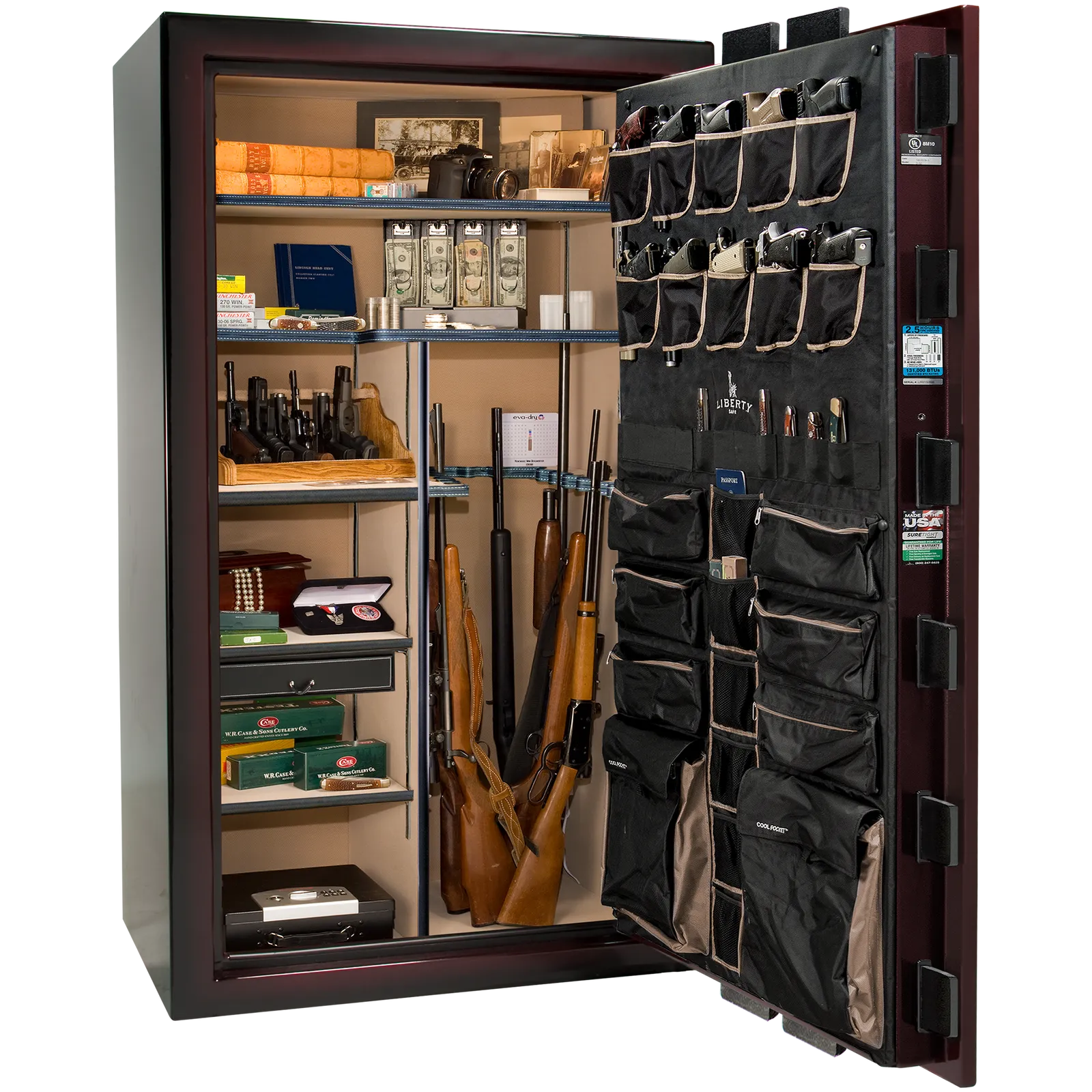Premium interior of the Liberty Magnum 50 gun safe paired with the Burgundy Metallic feathered edge finish, featuring adjustable shelving, door organizer, long gun storage, and deluxe interior configuration.