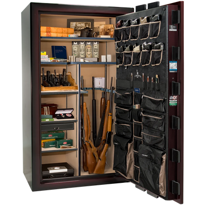 Premium interior of the Liberty Magnum 50 gun safe paired with the Burgundy Metallic feathered edge finish, featuring adjustable shelving, door organizer, long gun storage, and deluxe interior configuration.