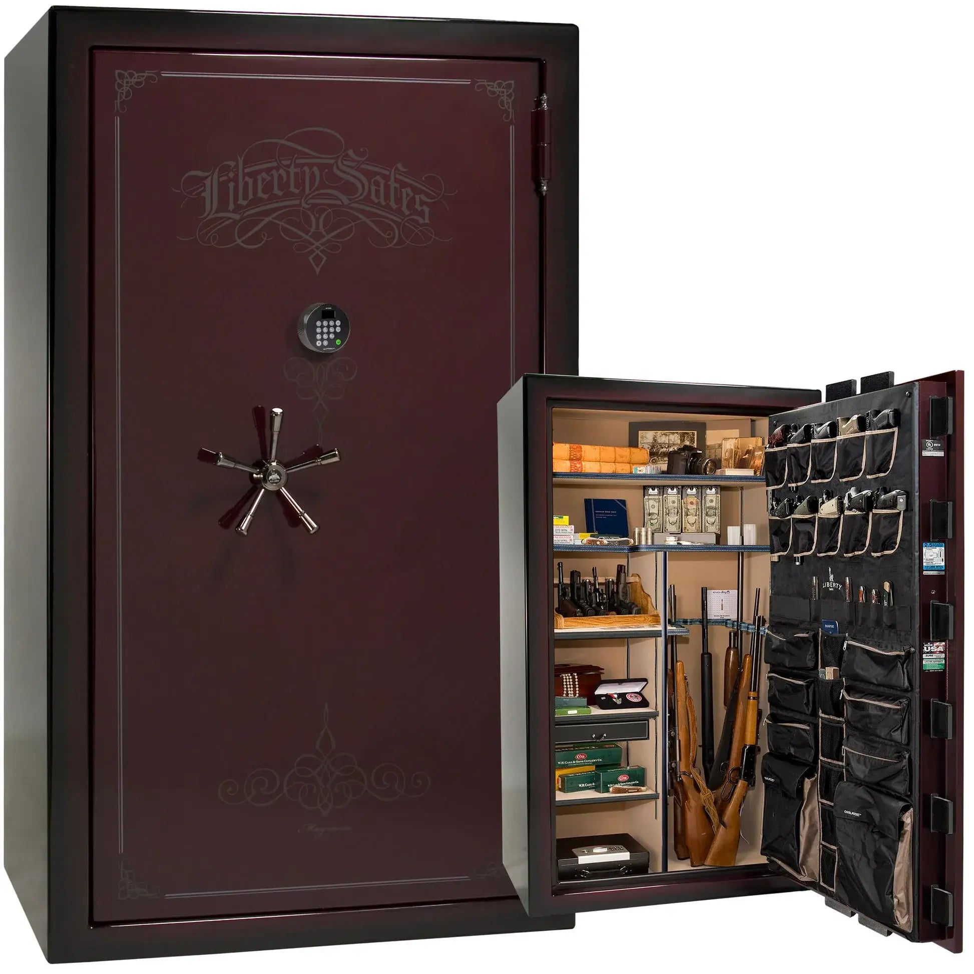 Liberty Magnum 50 gun safe in Burgundy Metallic feathered edge finish with black chrome hardware and premium interior.