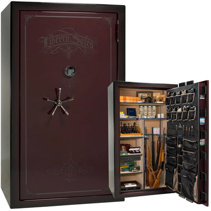 Liberty Magnum 50 gun safe in Burgundy Metallic feathered edge finish with black chrome hardware and premium interior.