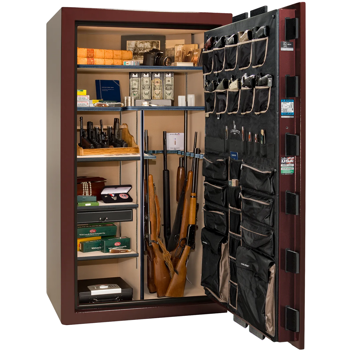 Premium interior of the Liberty Magnum 50 gun safe paired with the Burgundy marble finish, featuring adjustable shelving, door organizer, long gun storage, and deluxe interior configuration.