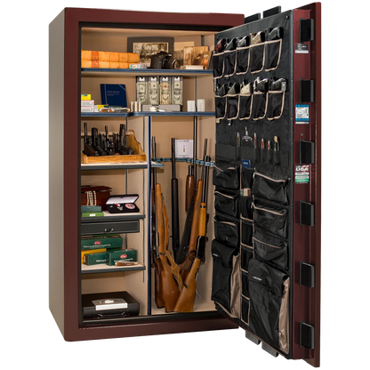 Premium interior of the Liberty Magnum 50 gun safe paired with the Burgundy marble finish, featuring adjustable shelving, door organizer, long gun storage, and deluxe interior configuration.