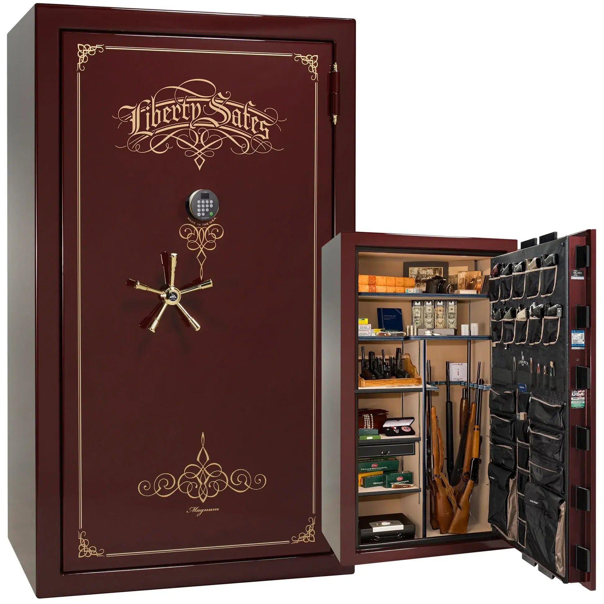 Liberty Magnum 50 gun safe in Burgundy marble finish with brass hardware and premium interior.