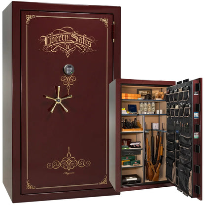 Liberty Magnum 50 gun safe in Burgundy marble finish with brass hardware and premium interior.