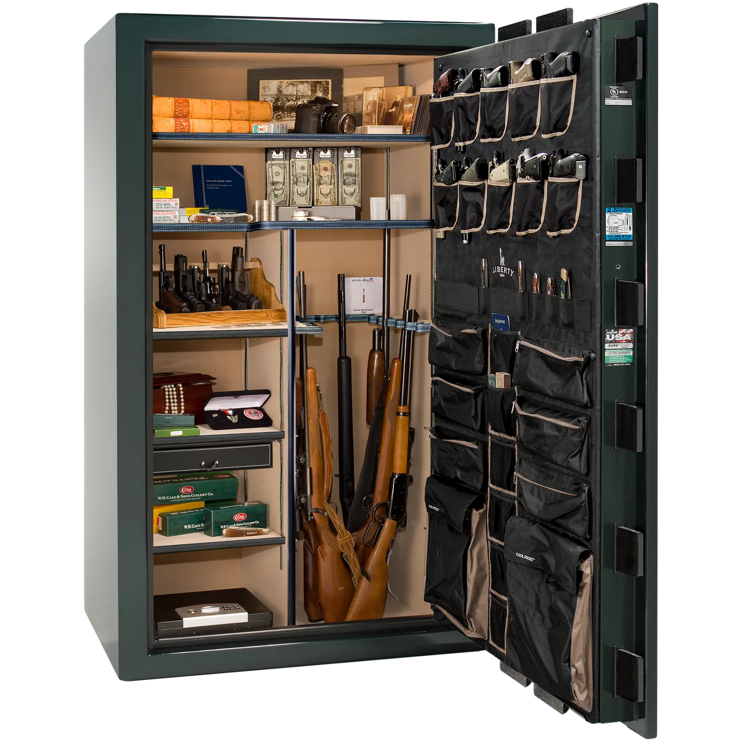 Premium interior of the Liberty Magnum 50 gun safe paired with the Emerald Green gloss finish, featuring adjustable shelving, door organizer, long gun storage, and deluxe interior configuration.