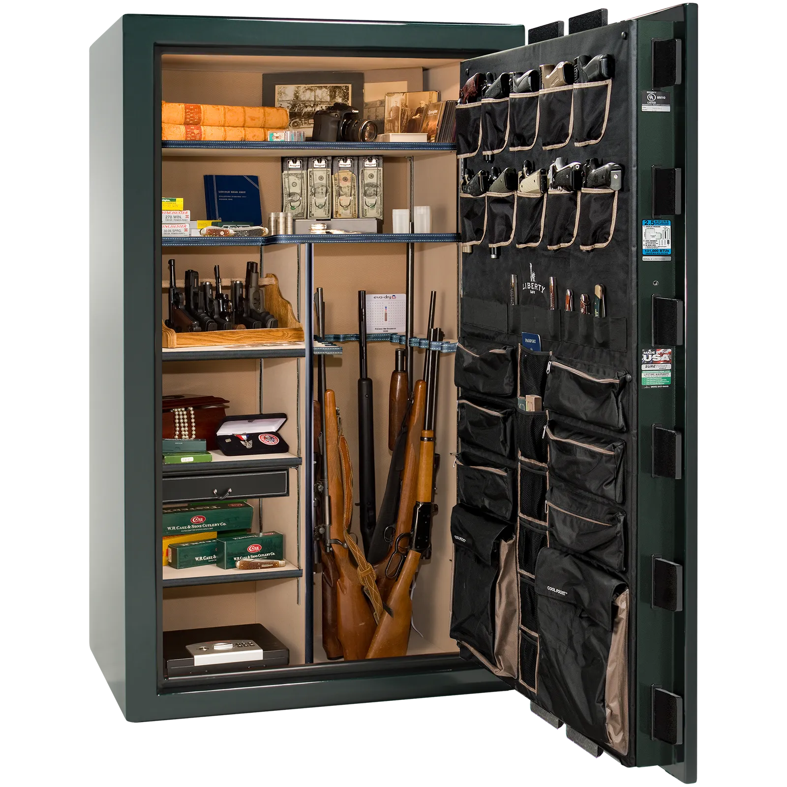 Premium interior of the Liberty Magnum 50 gun safe paired with the Emerald Green gloss finish, featuring adjustable shelving, door organizer, long gun storage, and deluxe interior configuration.