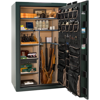 Premium interior of the Liberty Magnum 50 gun safe paired with the Emerald Green gloss finish, featuring adjustable shelving, door organizer, long gun storage, and deluxe interior configuration.
