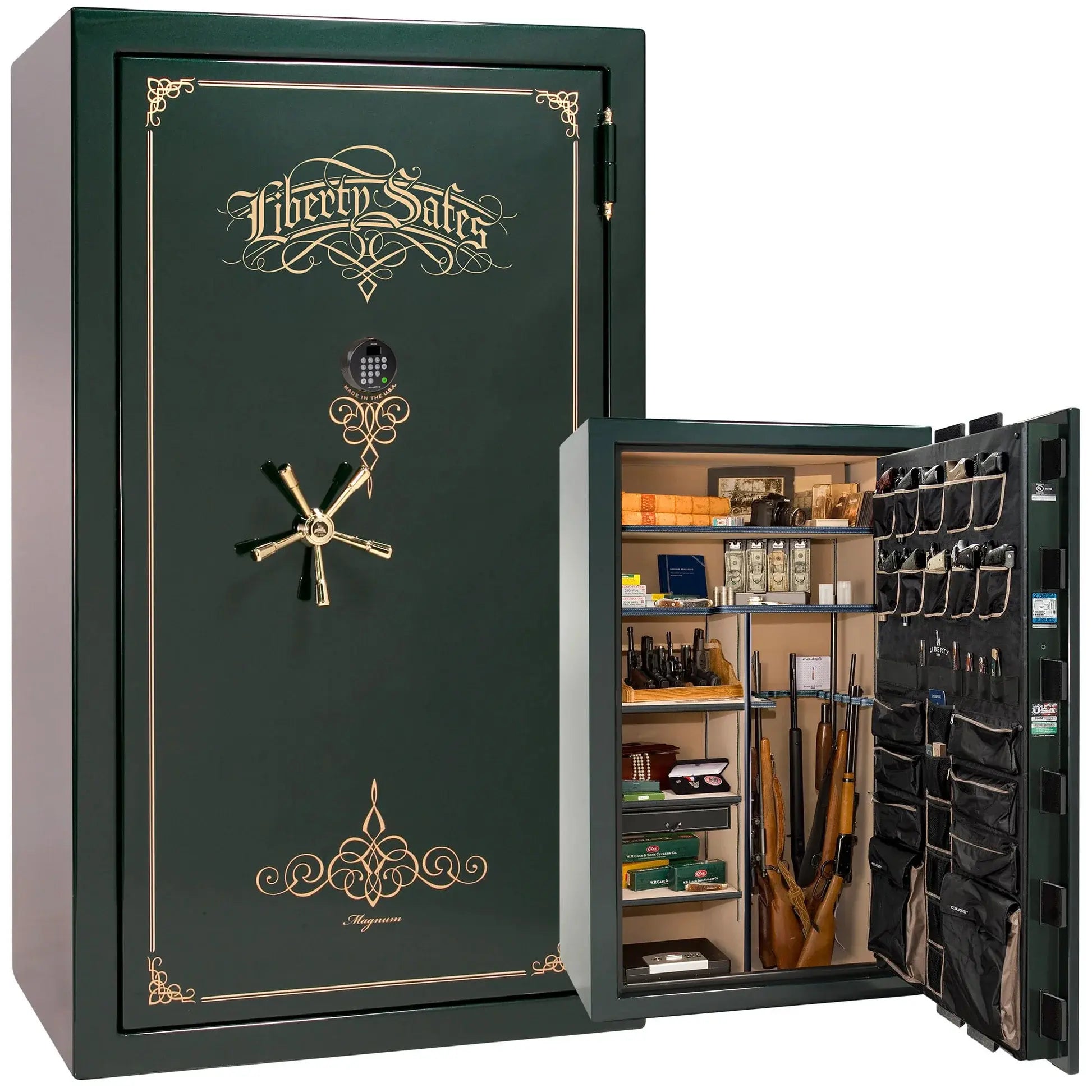 Liberty Magnum 50 gun safe in Emerald Green gloss finish with brass hardware and premium interior.