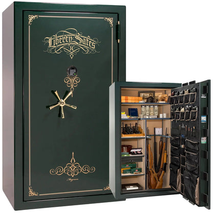 Liberty Magnum 50 gun safe in Emerald Green gloss finish with brass hardware and premium interior.
