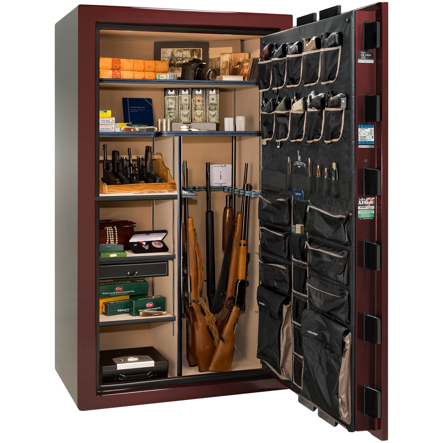 Premium interior of the Liberty Magnum 50 gun safe paired with the Burgundy gloss finish, featuring adjustable shelving, door organizer, long gun storage, and deluxe interior configuration.