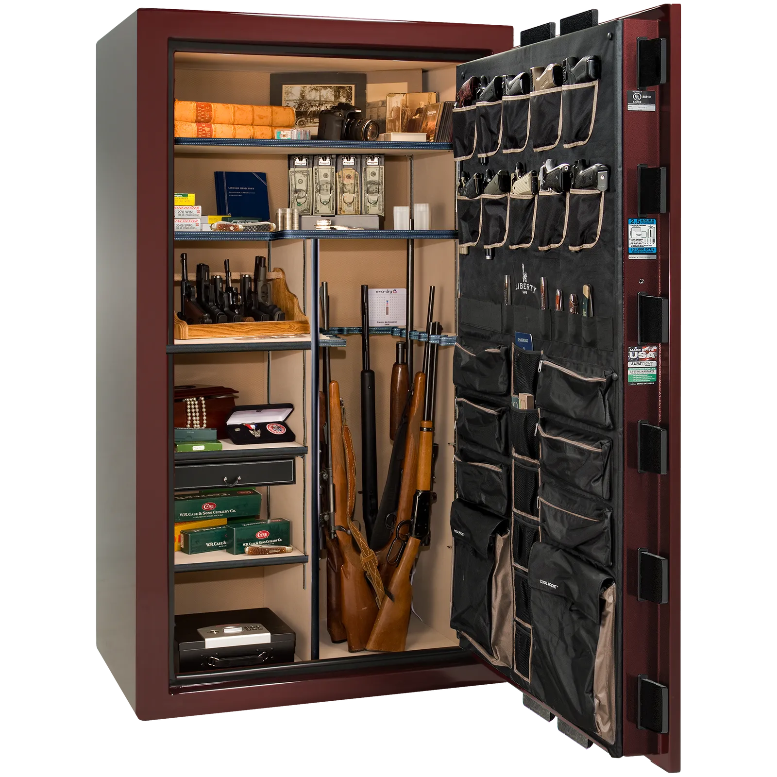 Premium interior of the Liberty Magnum 50 gun safe paired with the Burgundy gloss finish, featuring adjustable shelving, door organizer, long gun storage, and deluxe interior configuration.