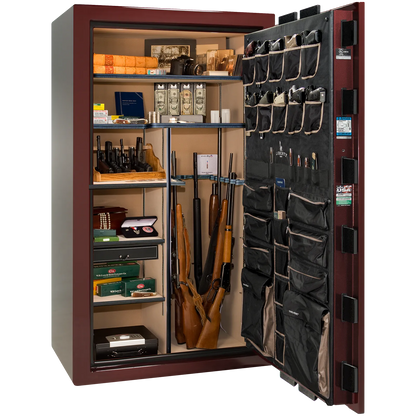 Premium interior of the Liberty Magnum 50 gun safe paired with the Burgundy gloss finish, featuring adjustable shelving, door organizer, long gun storage, and deluxe interior configuration.