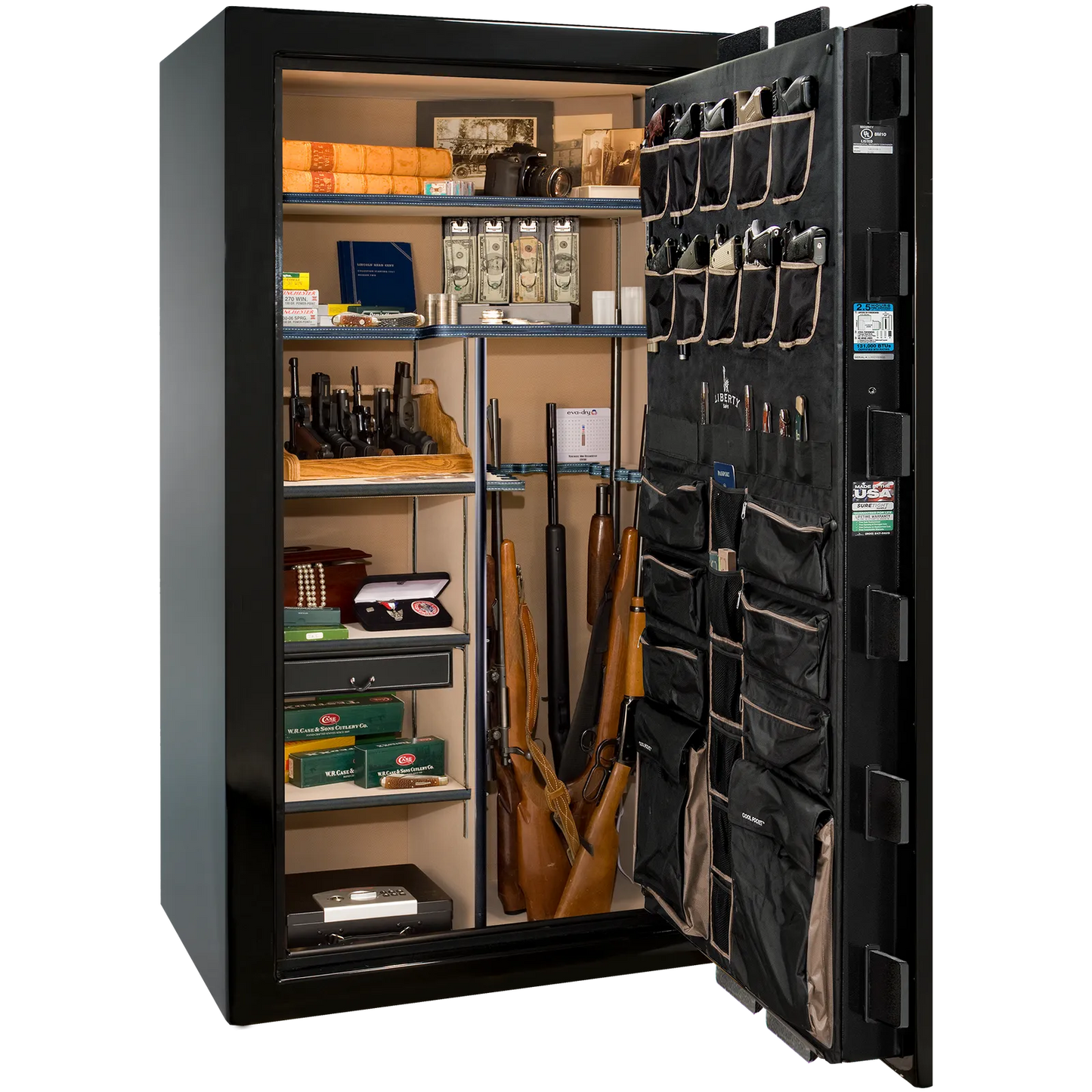 Premium interior of the Liberty Magnum 50 gun safe paired with the Black Mirror gloss finish, featuring adjustable shelving, door organizer, long gun storage, and deluxe interior configuration.