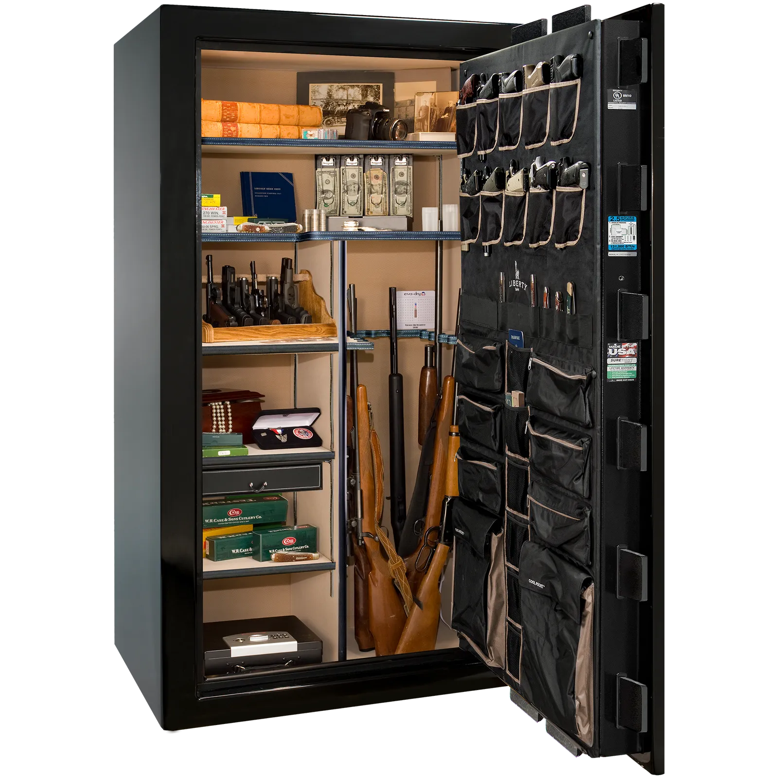 Premium interior of the Liberty Magnum 50 gun safe paired with the Black Mirror gloss finish, featuring adjustable shelving, door organizer, long gun storage, and deluxe interior configuration.