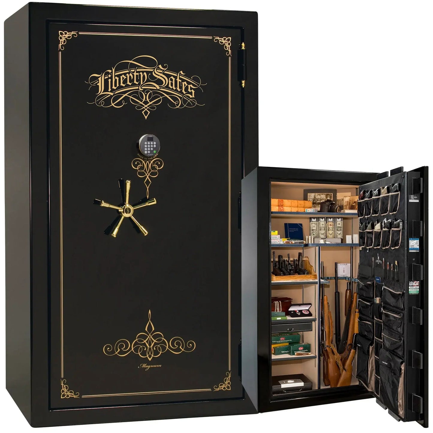 Liberty Magnum 50 gun safe in Black Mirror gloss finish with brass hardware and premium interior.