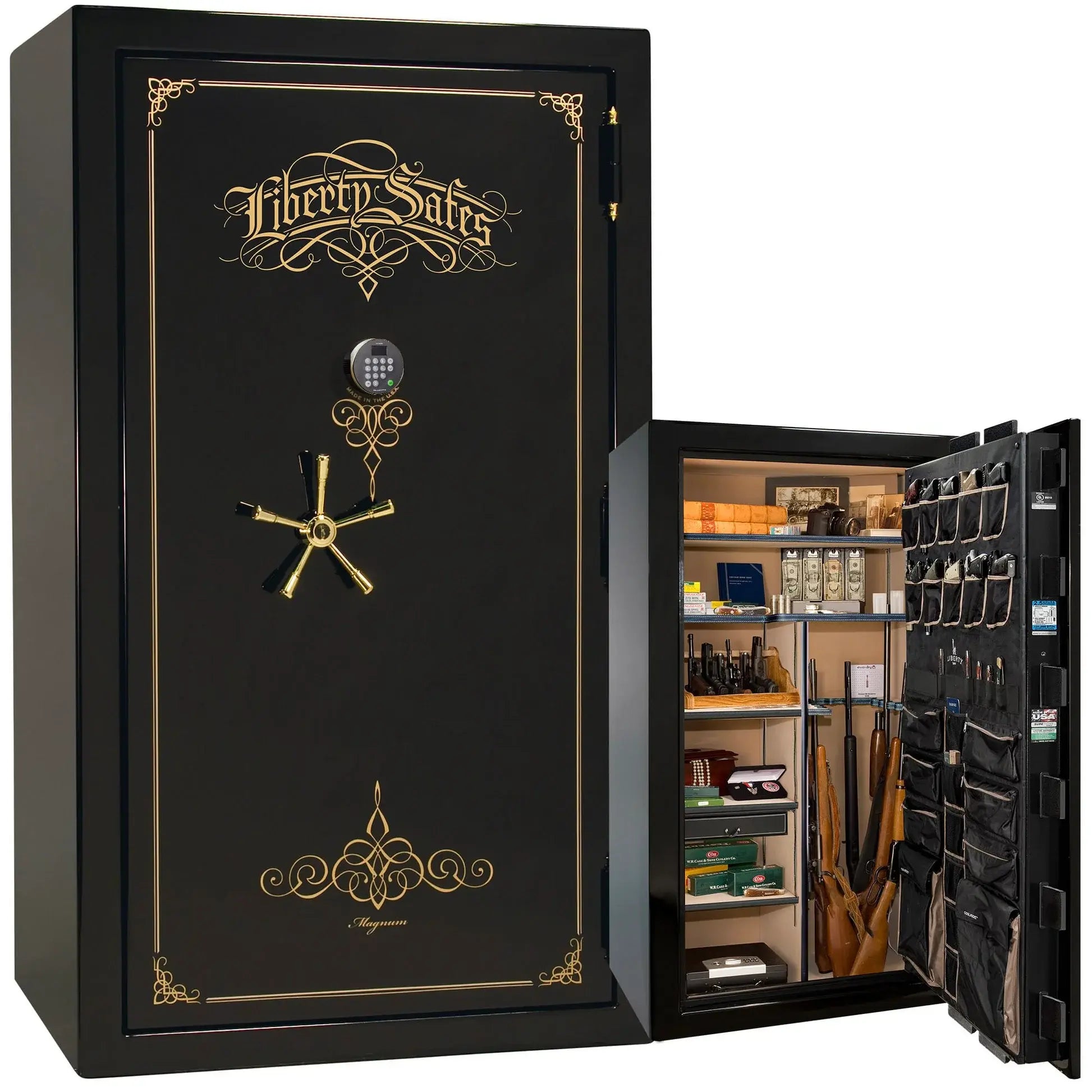 Liberty Magnum 50 gun safe in Black Mirror gloss finish with brass hardware and premium interior.