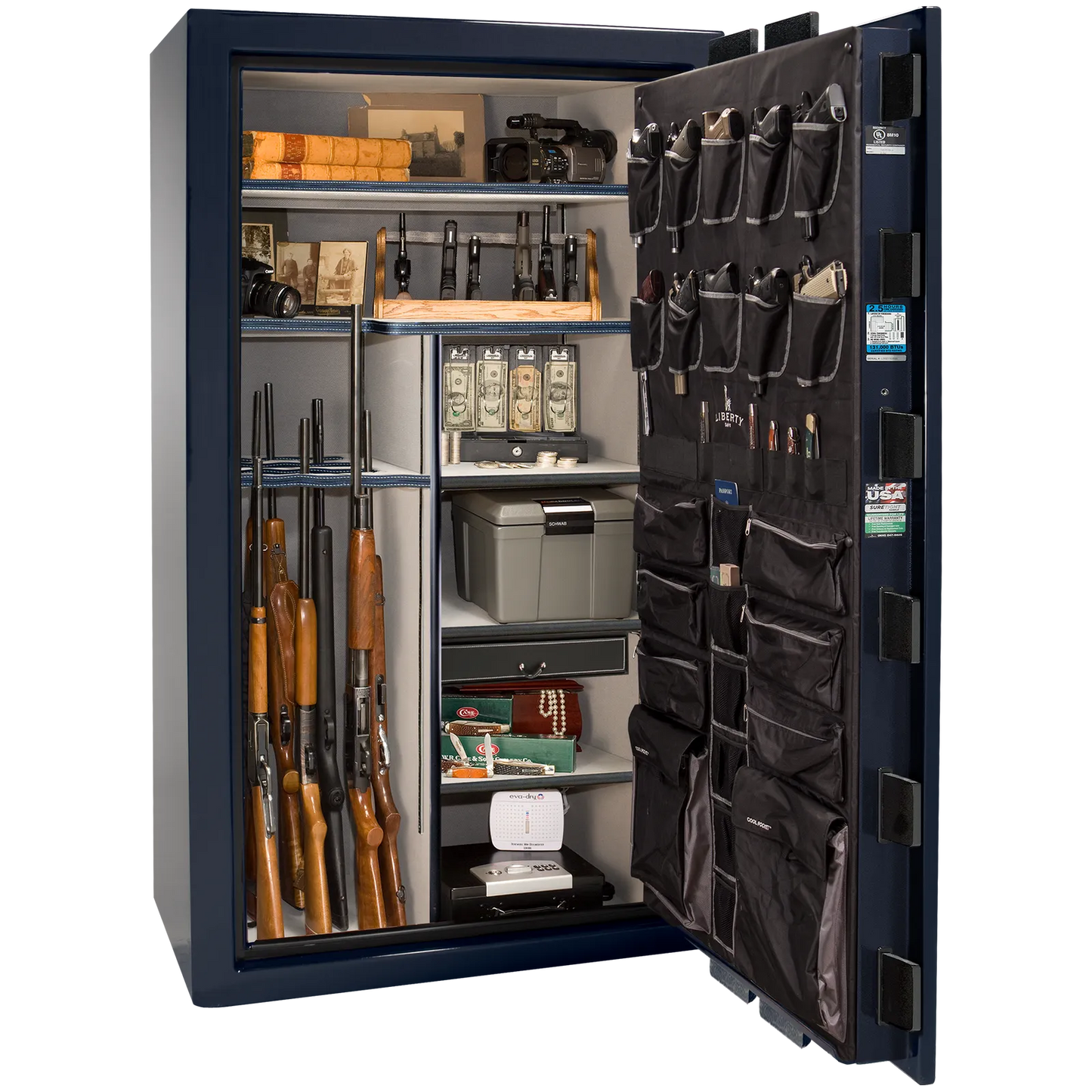 Premium interior of the Liberty Magnum 50 gun safe paired with the Blue gloss finish, featuring adjustable shelving, door organizer, long gun storage, and deluxe interior configuration.