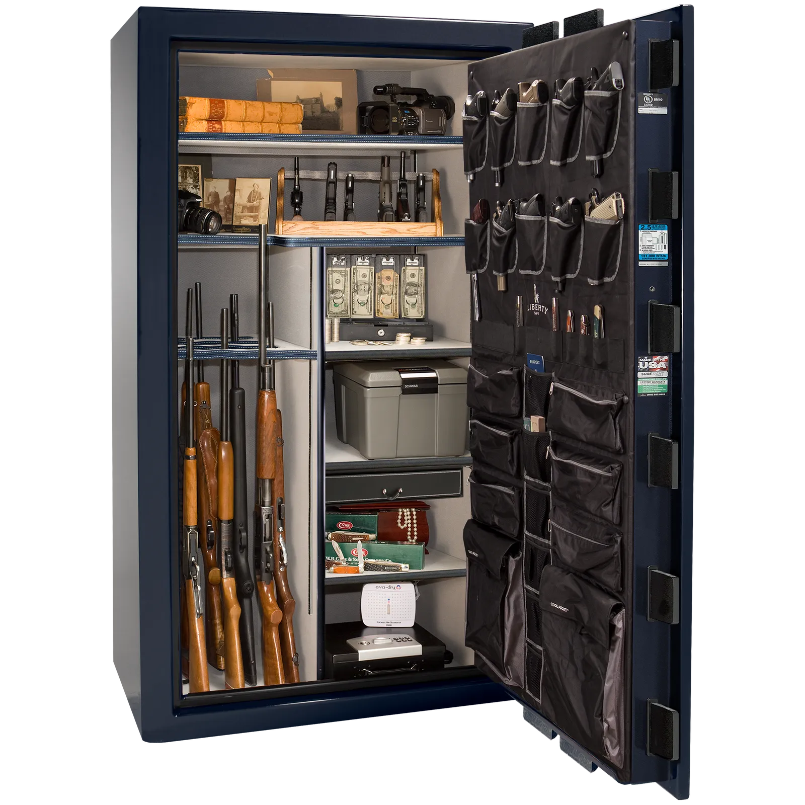 Premium interior of the Liberty Magnum 50 gun safe paired with the Blue gloss finish, featuring adjustable shelving, door organizer, long gun storage, and deluxe interior configuration.