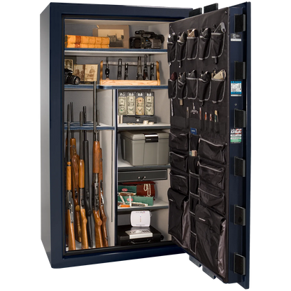 Premium interior of the Liberty Magnum 50 gun safe paired with the Blue gloss finish, featuring adjustable shelving, door organizer, long gun storage, and deluxe interior configuration.