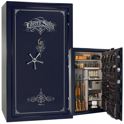 Liberty Magnum 50 gun safe in Blue gloss finish with chrome hardware and premium interior.