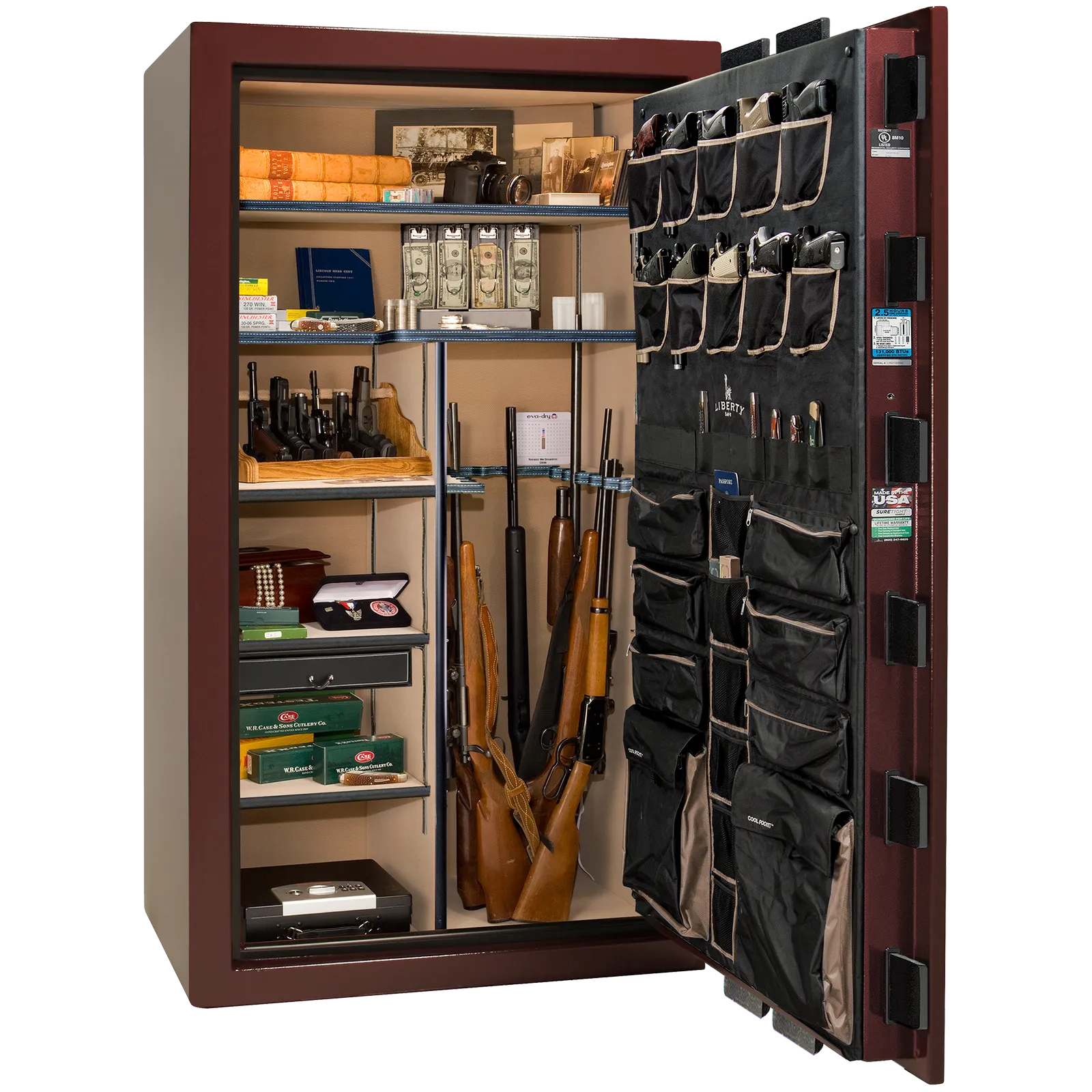Premium interior of the Liberty Magnum 50 gun safe paired with the Burgundy marble finish, featuring adjustable shelving, door organizer, long gun storage, and deluxe interior configuration.