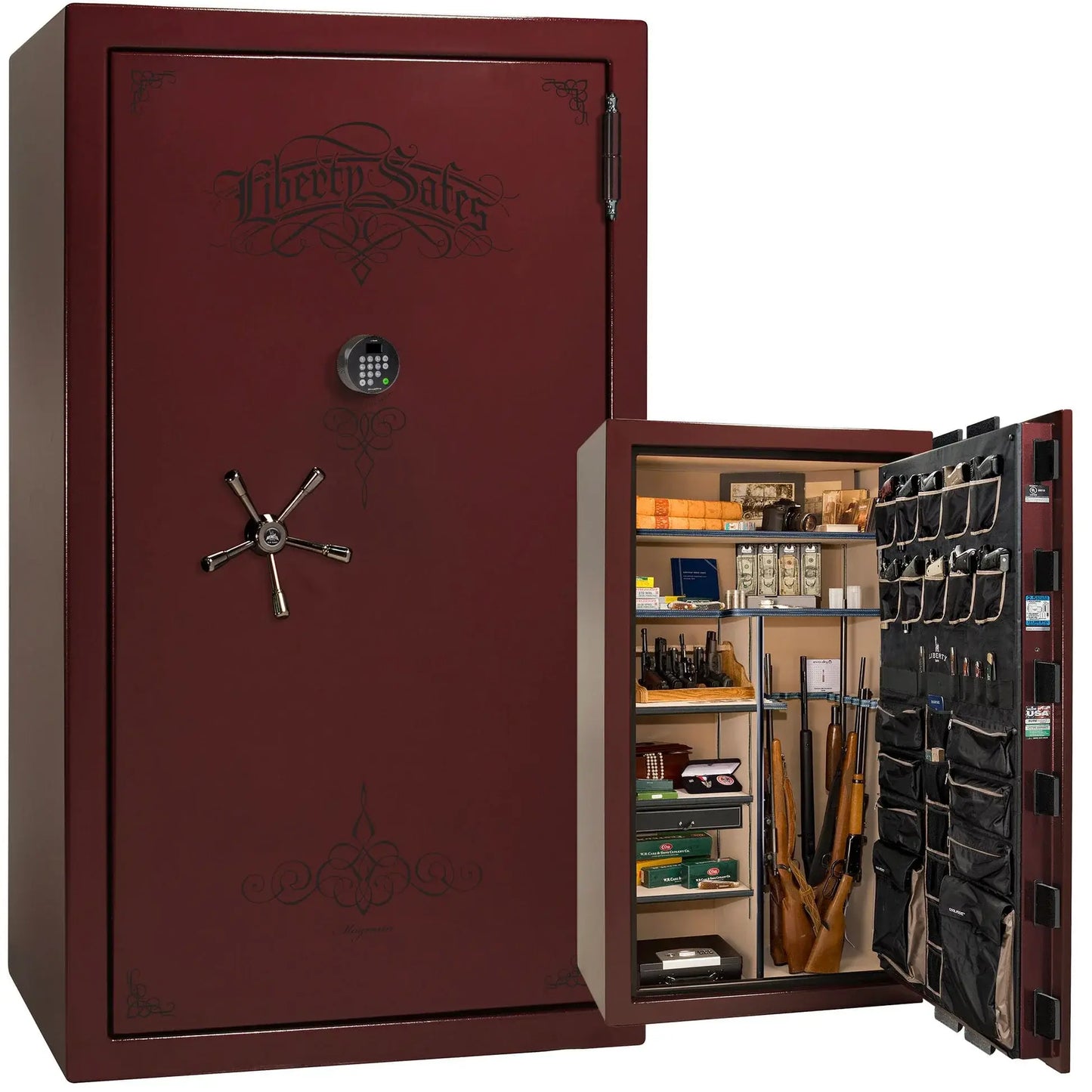 Liberty Magnum 50 gun safe in Burgundy marble finish with black chrome hardware and premium interior.
