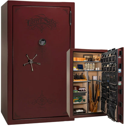 Liberty Magnum 50 gun safe in Burgundy marble finish with black chrome hardware and premium interior.