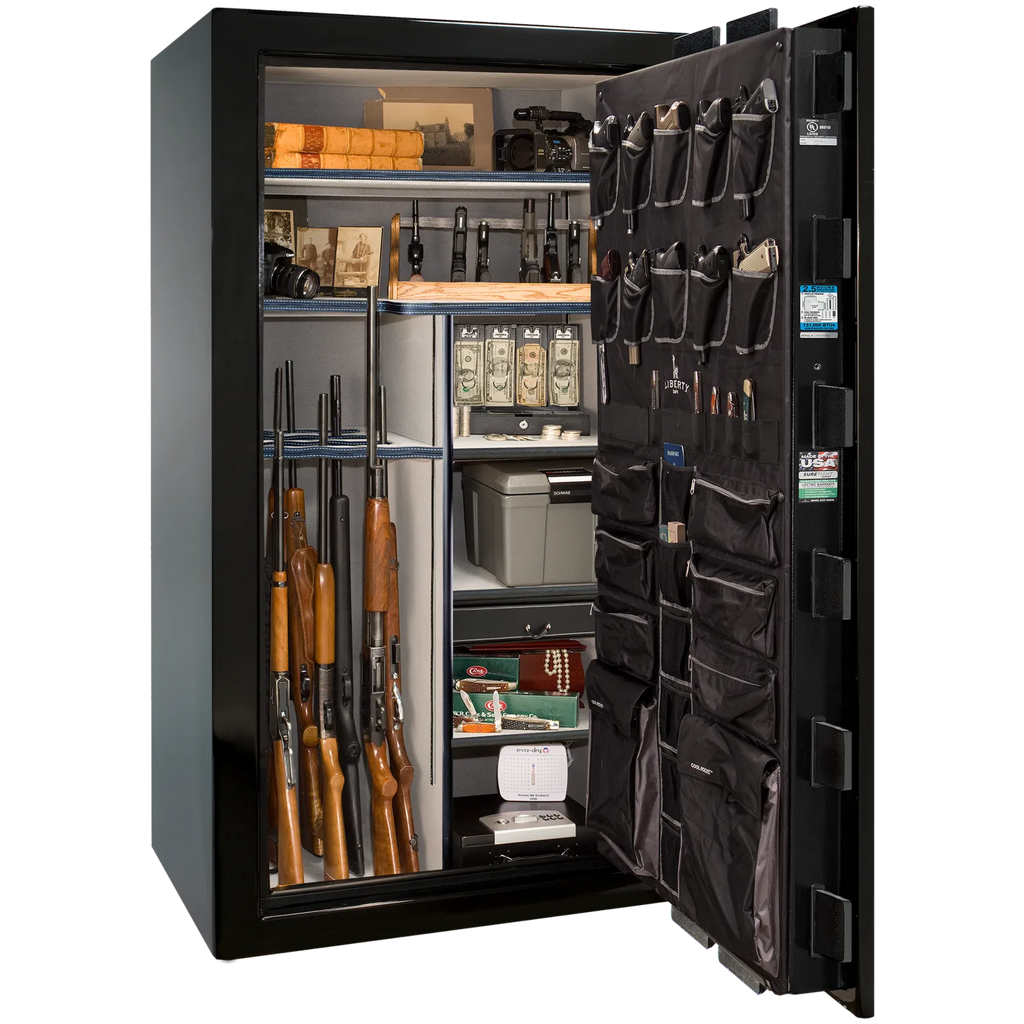 Premium interior of the Liberty Magnum 50 gun safe paired with the Black Mirror gloss finish, featuring adjustable shelving, door organizer, long gun storage, and deluxe interior configuration.