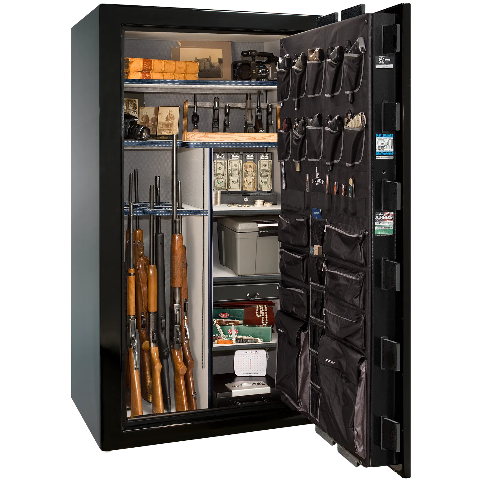 Premium interior of the Liberty Magnum 50 gun safe paired with the Black Mirror gloss finish, featuring adjustable shelving, door organizer, long gun storage, and deluxe interior configuration.