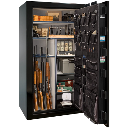 Premium interior of the Liberty Magnum 50 gun safe paired with the Black Mirror gloss finish, featuring adjustable shelving, door organizer, long gun storage, and deluxe interior configuration.