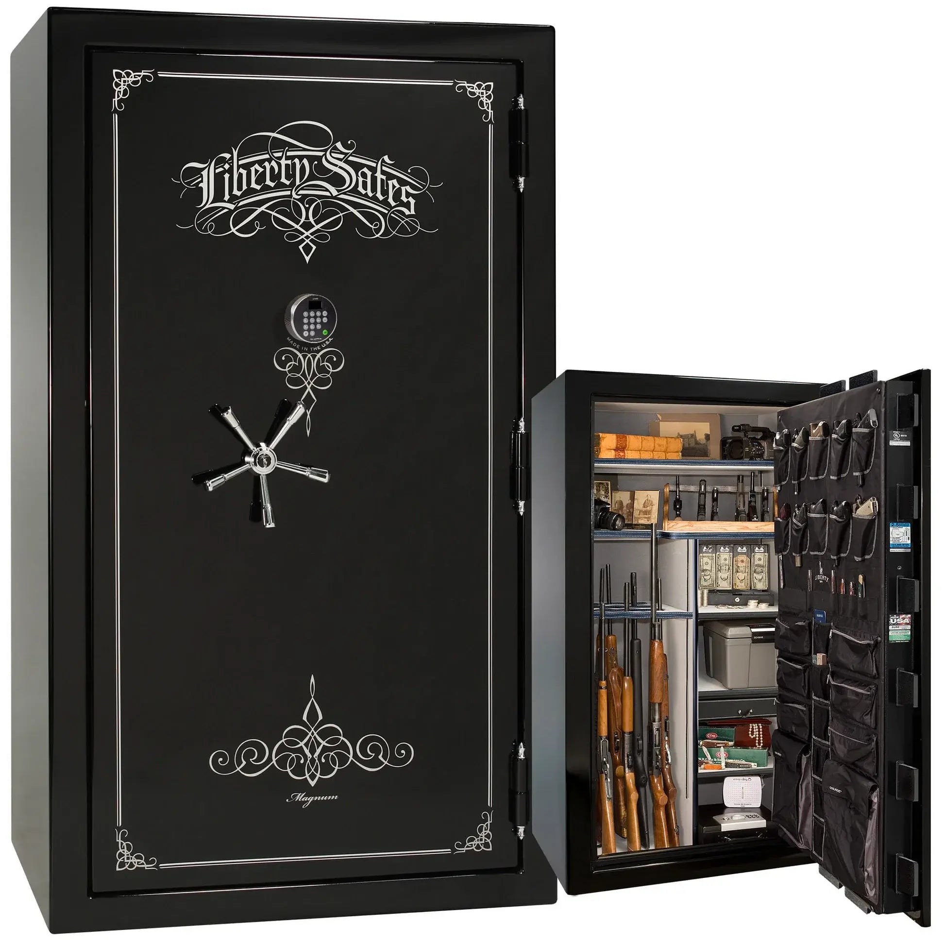 Liberty Magnum 50 gun safe in Black Mirror gloss finish with chrome hardware and premium interior.
