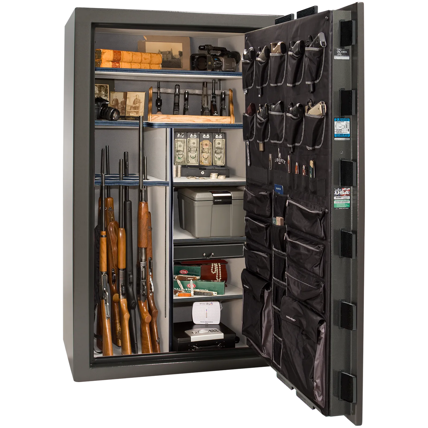 Premium interior of the Liberty Magnum 50 gun safe paired with the Gray marble finish, featuring adjustable shelving, door organizer, long gun storage, and deluxe interior configuration.