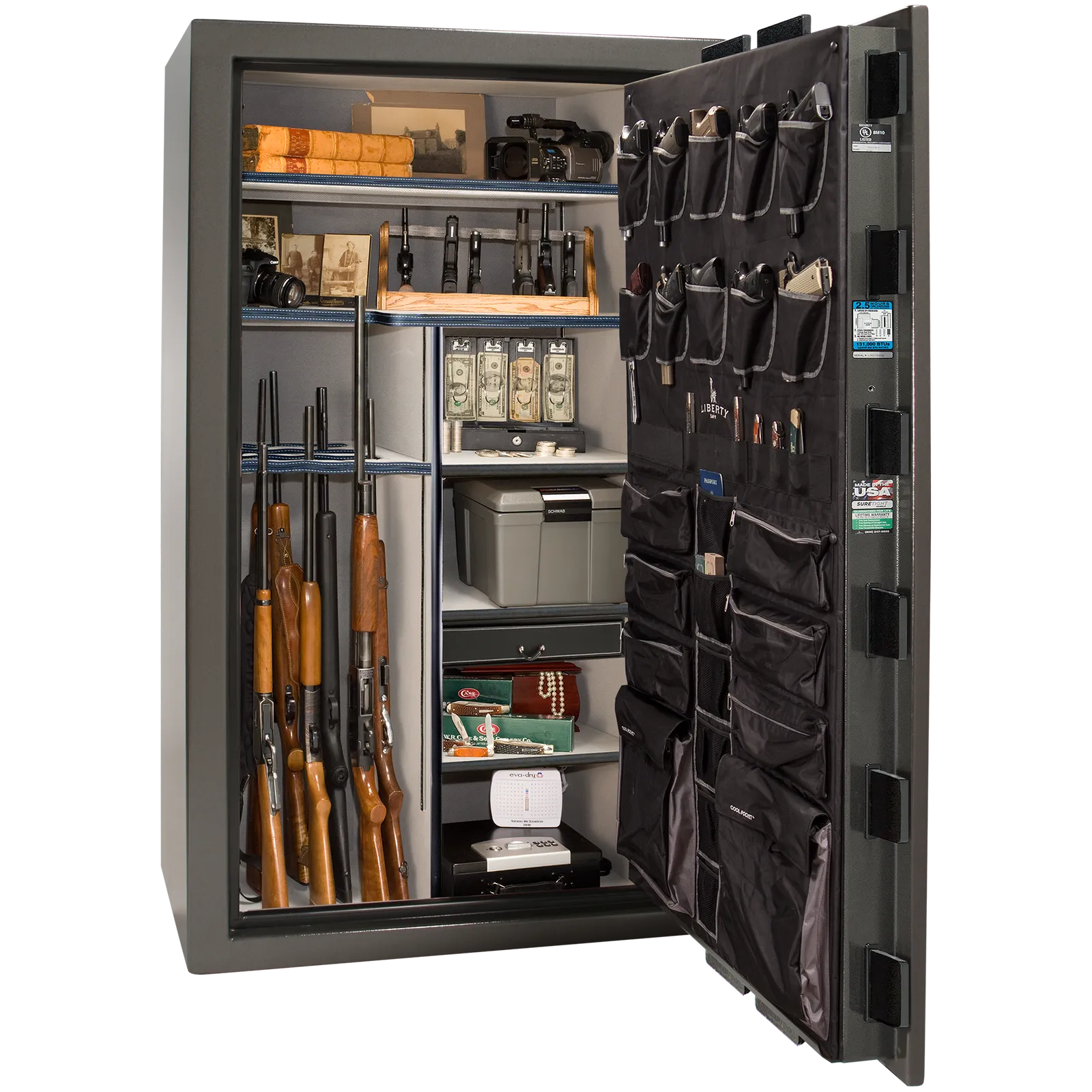 Premium interior of the Liberty Magnum 50 gun safe paired with the Gray marble finish, featuring adjustable shelving, door organizer, long gun storage, and deluxe interior configuration.
