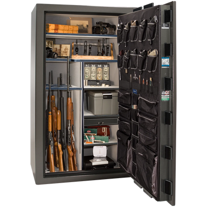 Premium interior of the Liberty Magnum 50 gun safe paired with the Gray marble finish, featuring adjustable shelving, door organizer, long gun storage, and deluxe interior configuration.